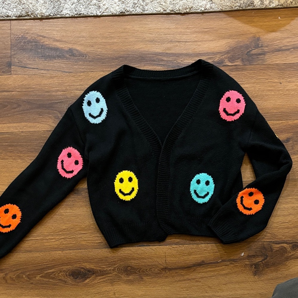 Black Cropped Sweater Cardigan with Multicolor Smiley Faces